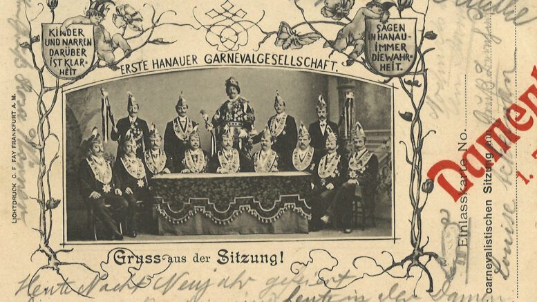 Postkarte als Eintrittskarte dokumentiert Damensitzung in Hanau 1904